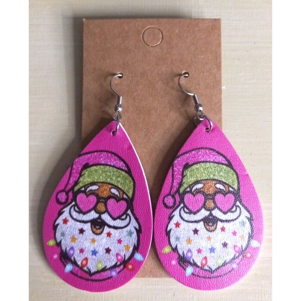 Santa Earrings Heart Shades Green & Pink Hat Stars & Lights Beard Double Sided